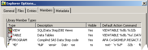 SAS Explorer Options dialog for Library Members
