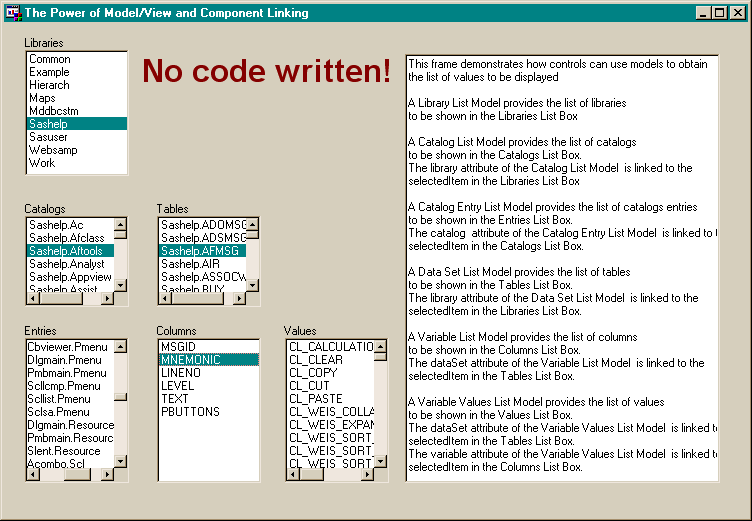 Screen shot of a frame containing components populated by a model, and the model data-sources linked to other components