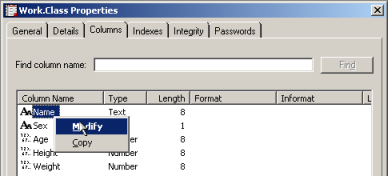 Table Properties, Columns item context menu