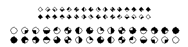 Sixteen circles with filled and unfilled quadrants