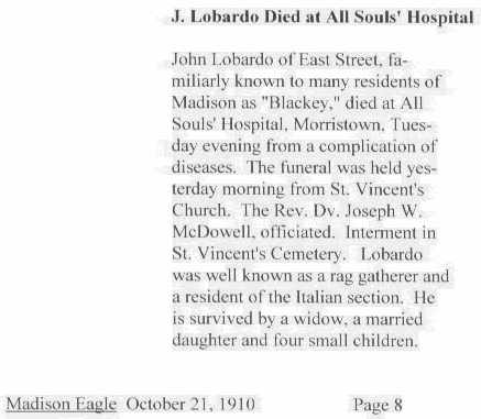 1910: Giovanni Lopardo obituary in Madison Eagle