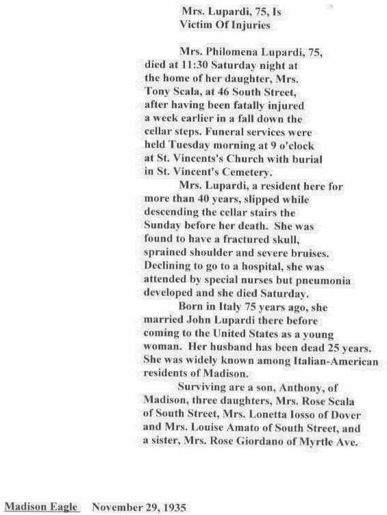 1935: Tony's mother's obituary in the Madison Eagle