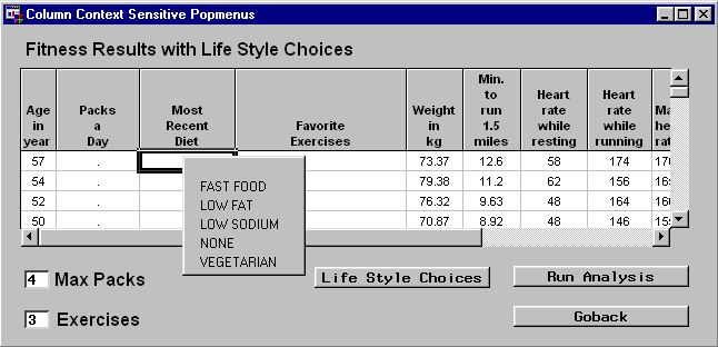 Data table with context sensitive popmenu